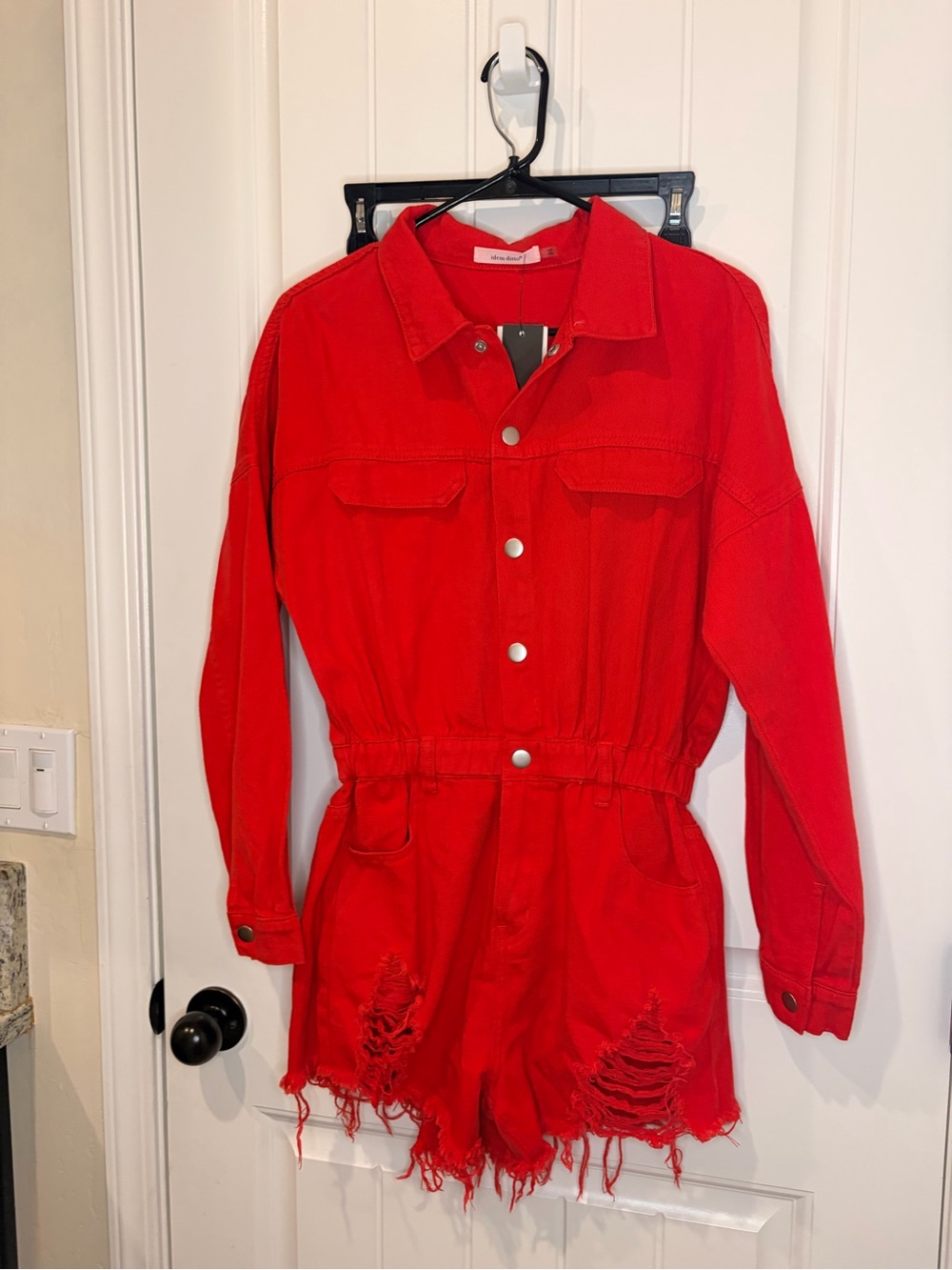 Women’s Red Distressed Button-Front Romper